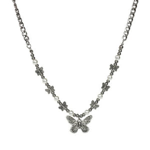 Gothic Butterfly Pendant Necklace Choker Hippop Pearl Chain