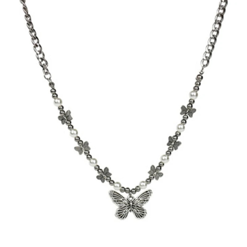 Gothic Butterfly Pendant Necklace Choker Hippop Pearl Chain
