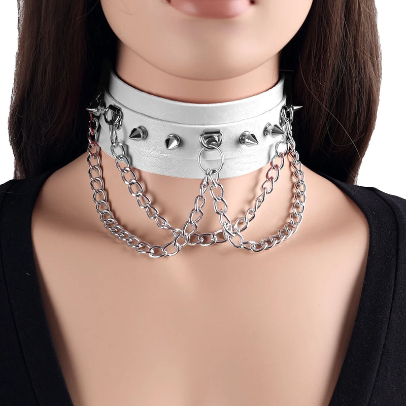 Gothic Rivet Leather Chain Choker Necklace