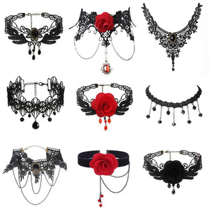 Gothic Chokers Beaded Flowers Lace Neck Choker Necklace Vintage Tassel Chain