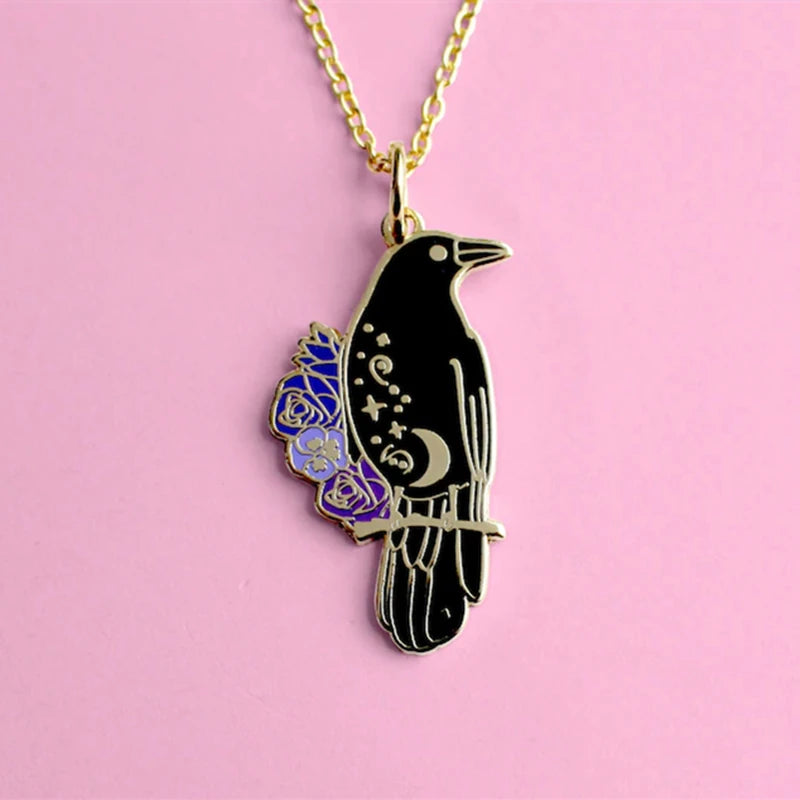 Gothic Flower Star Moon Crow Pendant Necklace Witch Magic Jewelry