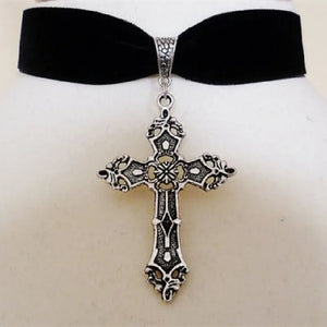 Gothic Cross Choker Velvet Pagan Wiccan Pendant Steampunk Necklace