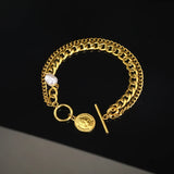 Gothic Cuban Thick Chain Bracelet Exaggerated Charm Pearl Statement Jewelry