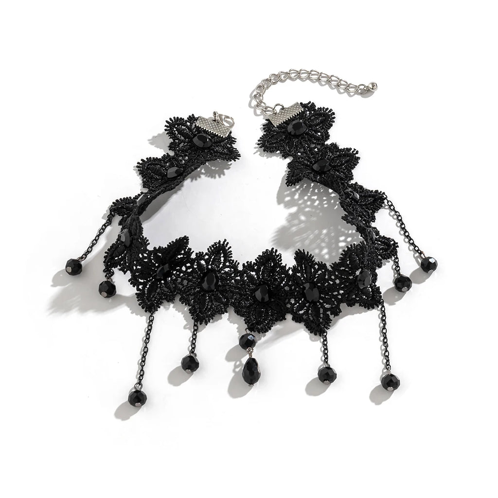 Gothic Dark Lace Tassel Pendant Necklace Vintage Hollow Clavicle Chain