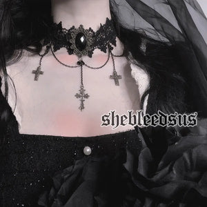 Gothic Dark Lolita Lace Cross Collar Chain Choker Y2k Jewelry