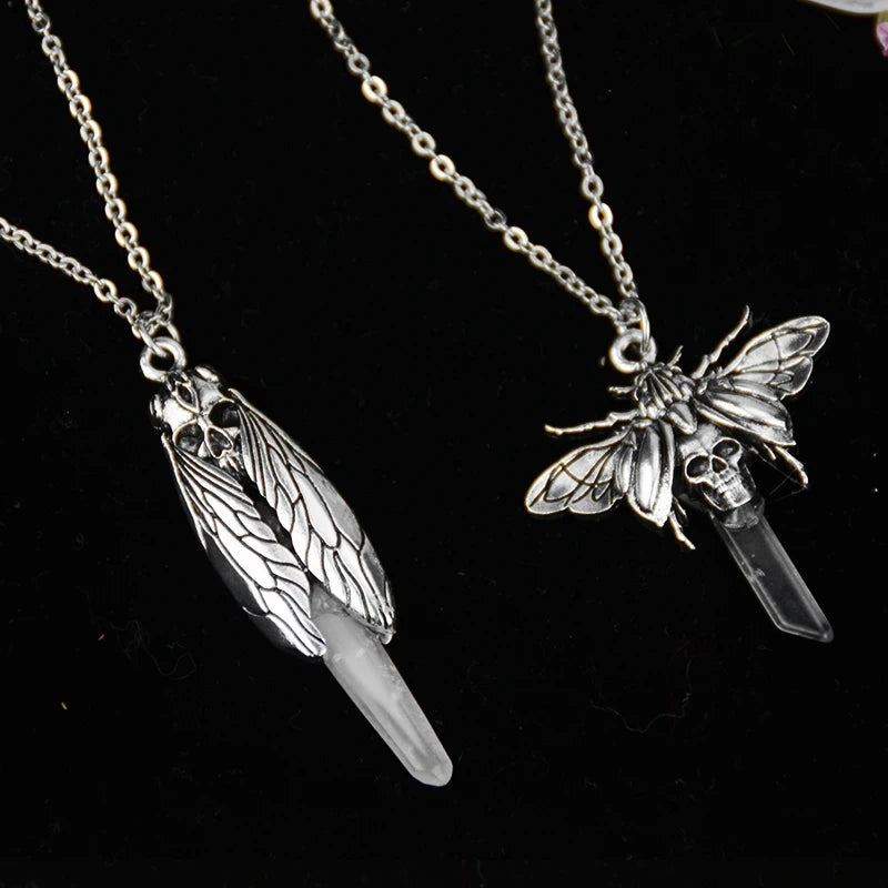 Gothic Death Skull Moth Quartz Pendant Necklace Animal Occult Jewerly