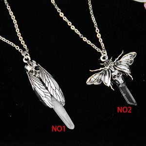 Gothic Death Skull Moth Quartz Pendant Necklace Animal Occult Jewerly