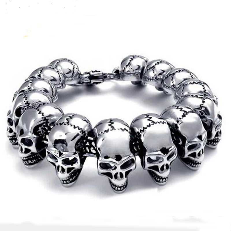 Gothic Double Skull Man Bracelet Stainless Steel Chain Mens Charm Bracelets