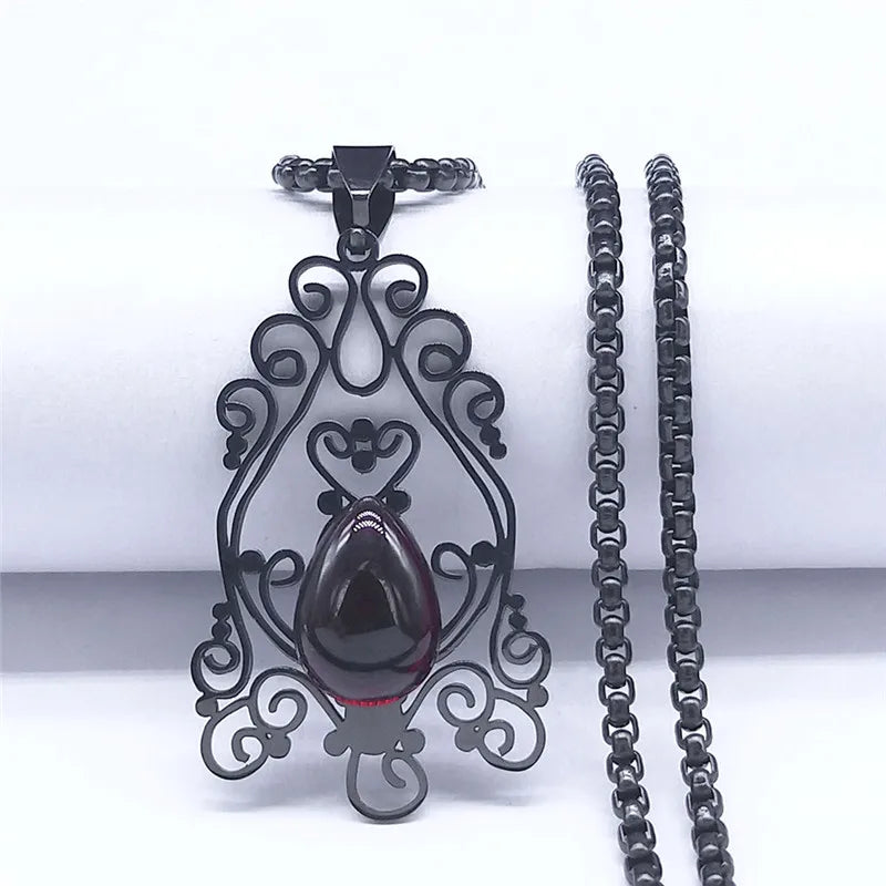 Gothic Flower Red Glass Pendant Necklace