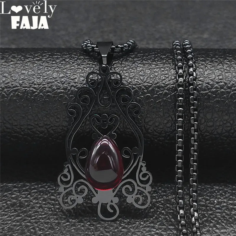 Gothic Flower Red Glass Pendant Necklace