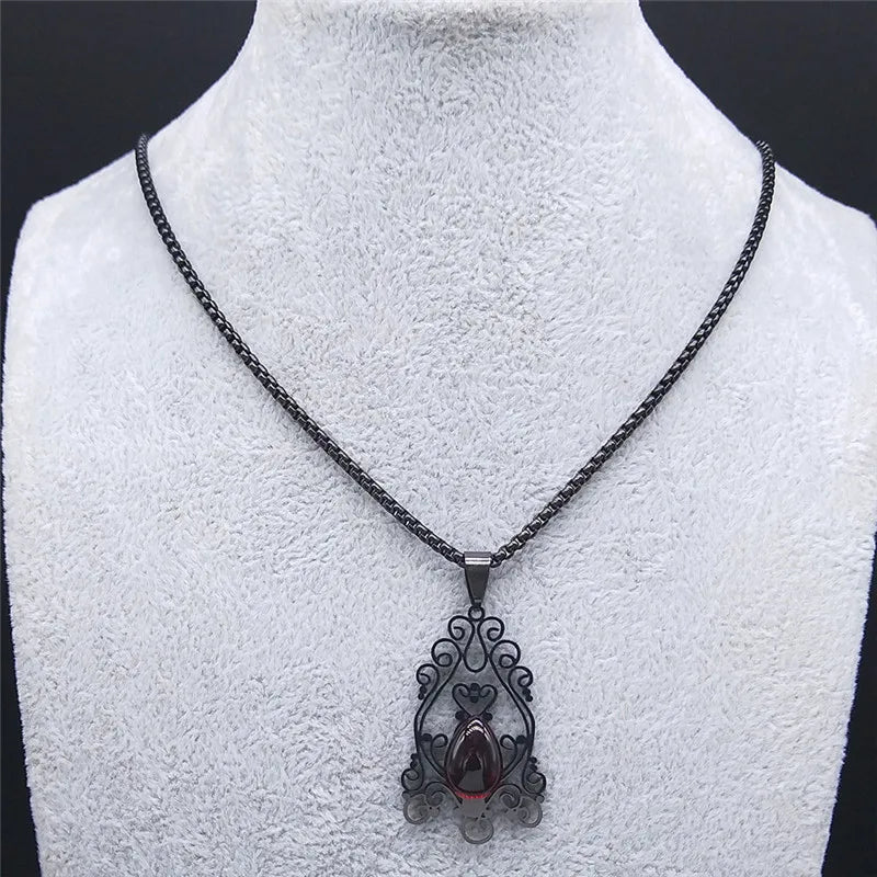 Gothic Flower Red Glass Pendant Necklace