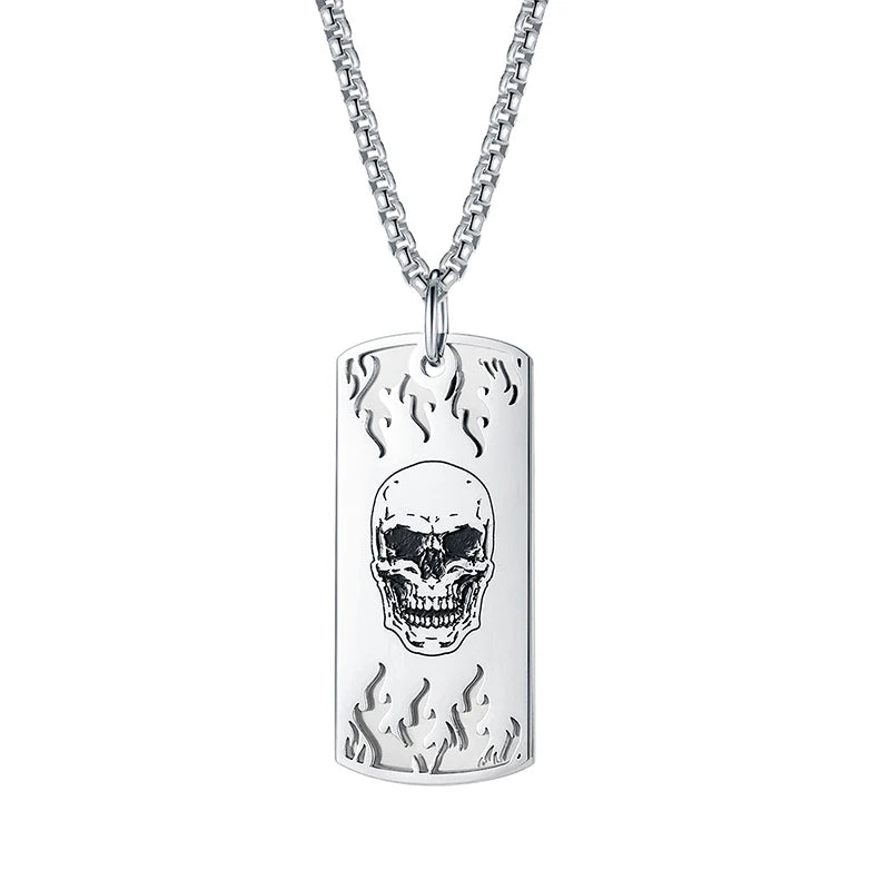 Gothic Halloween Skull Fire Men's Tag Pendant Necklace