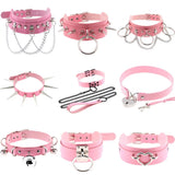 Gothic Pink Leather Choker Necklaces for Women Chains on Neck Egirls Goth