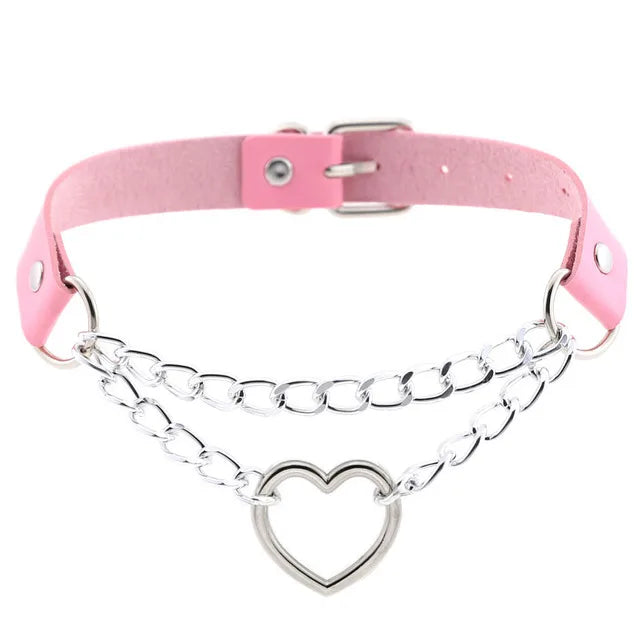 Gothic Pink Leather Choker Necklaces for Women Chains on Neck Egirls Goth