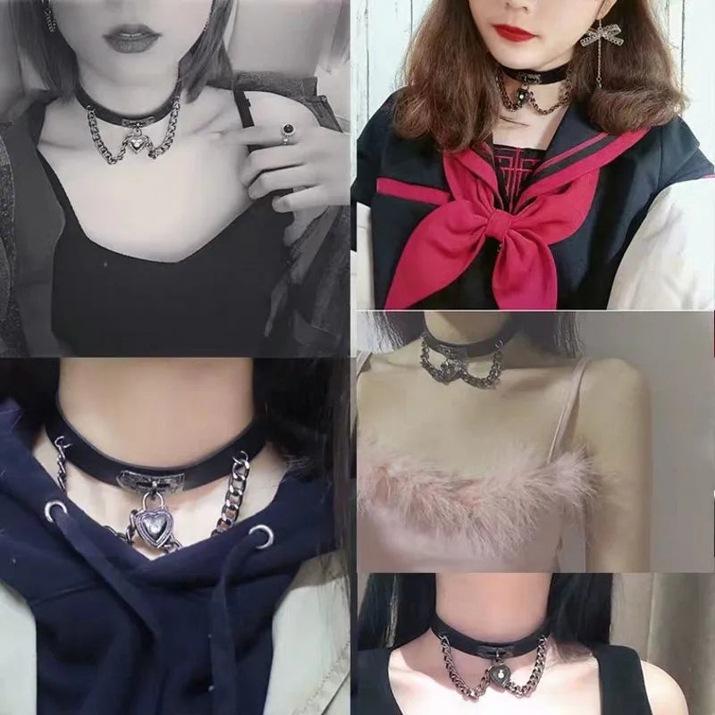 Gothic Heart Lock Leather Choker Necklace Retro Vintage Punk Hip Hop Jewelry