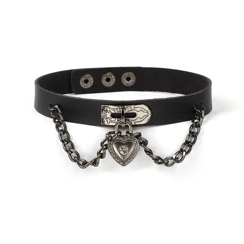 Gothic Heart Lock Leather Choker Necklace Retro Vintage Punk Hip Hop Jewelry