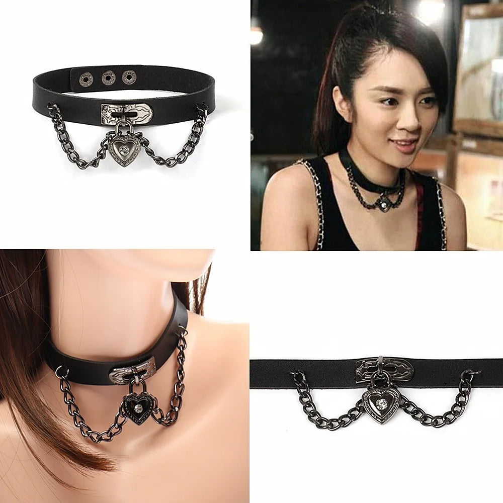 Gothic Heart Lock Leather Choker Necklace Retro Vintage Punk Hip Hop Jewelry
