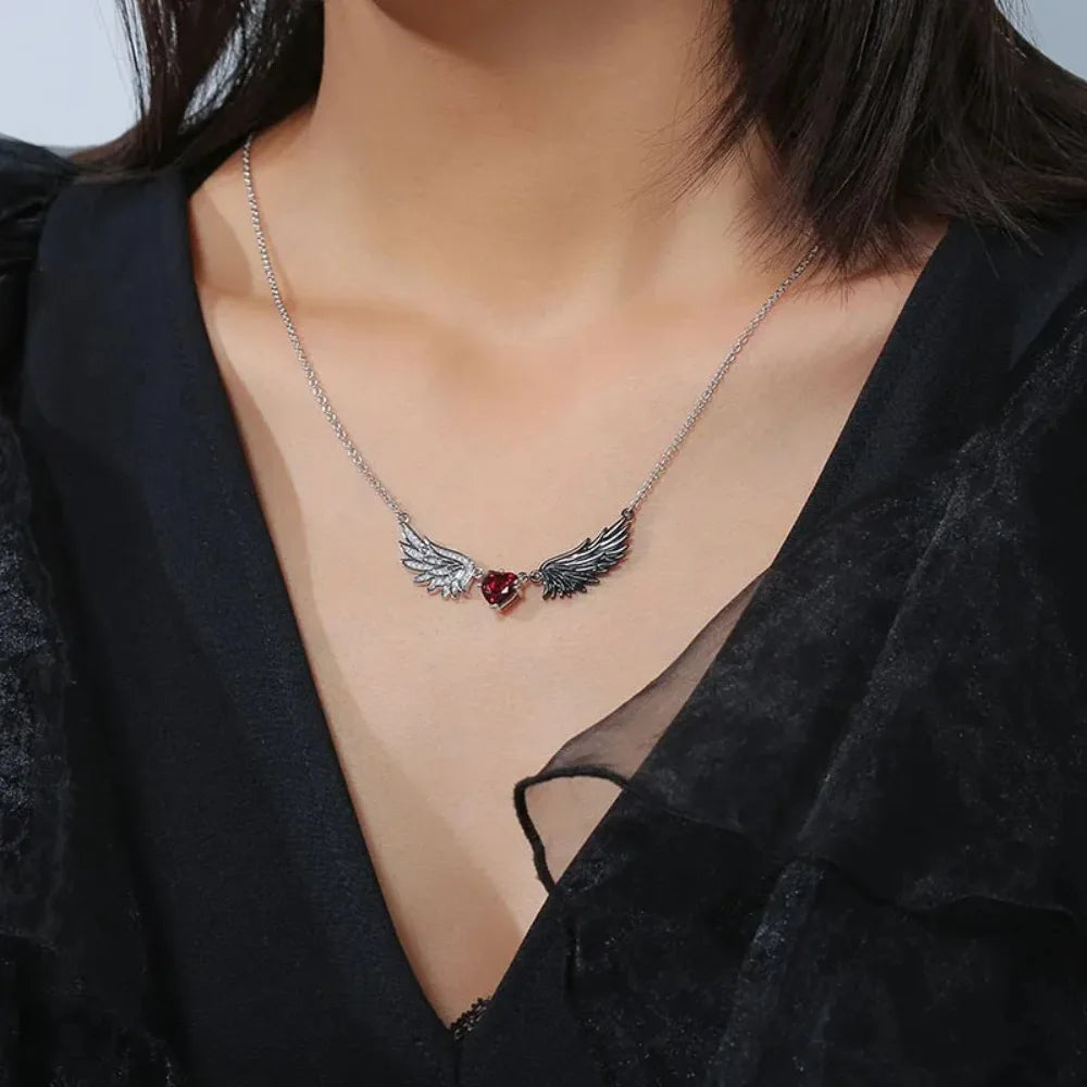 Gothic Heart Zircon Demon Wing Pendant Necklace for Women