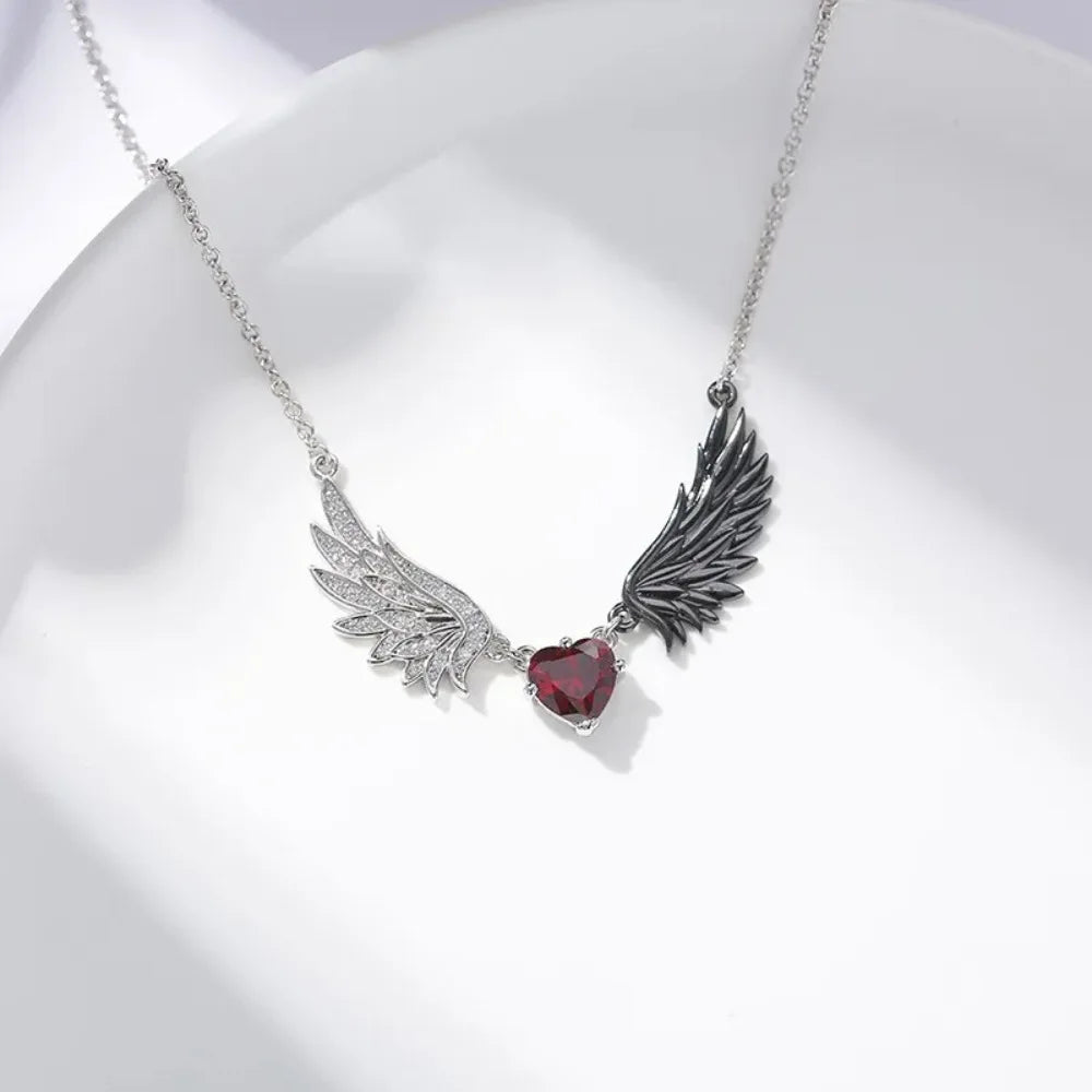 Gothic Heart Zircon Demon Wing Pendant Necklace for Women
