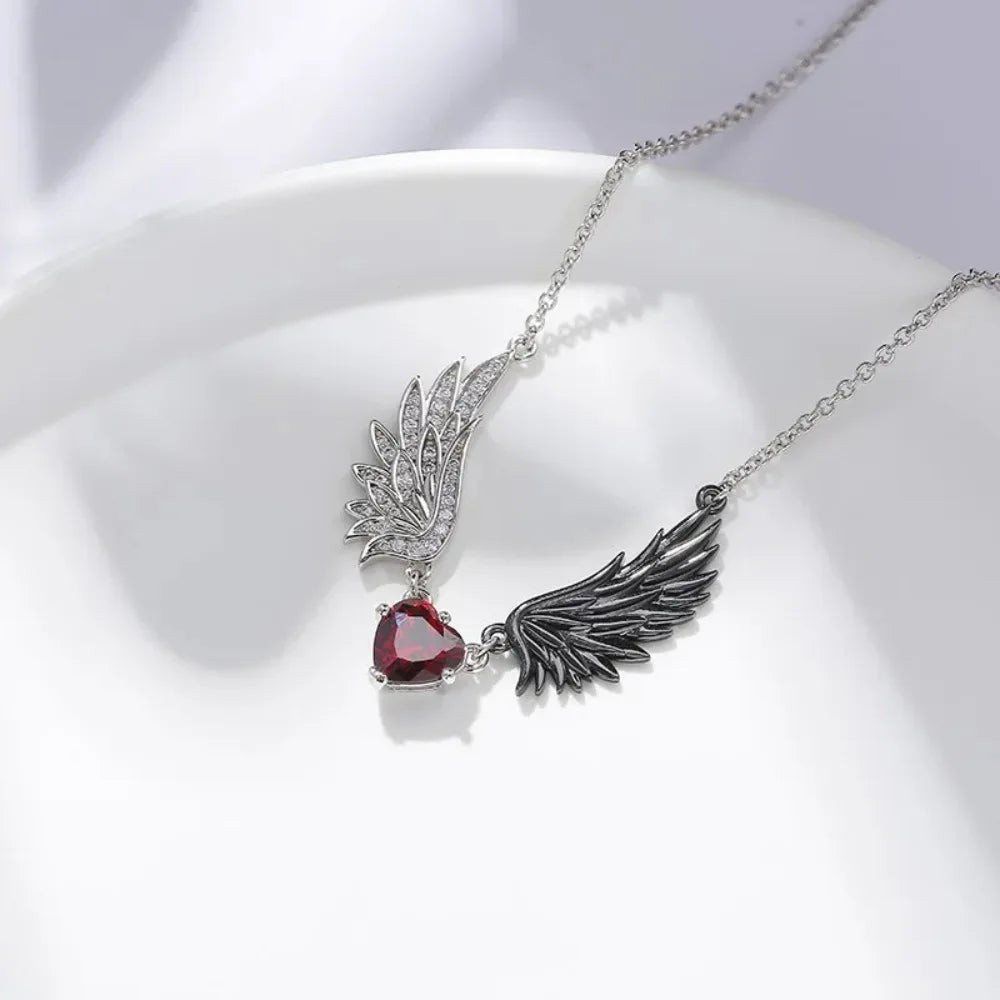 Gothic Heart Zircon Demon Wing Pendant Necklace for Women