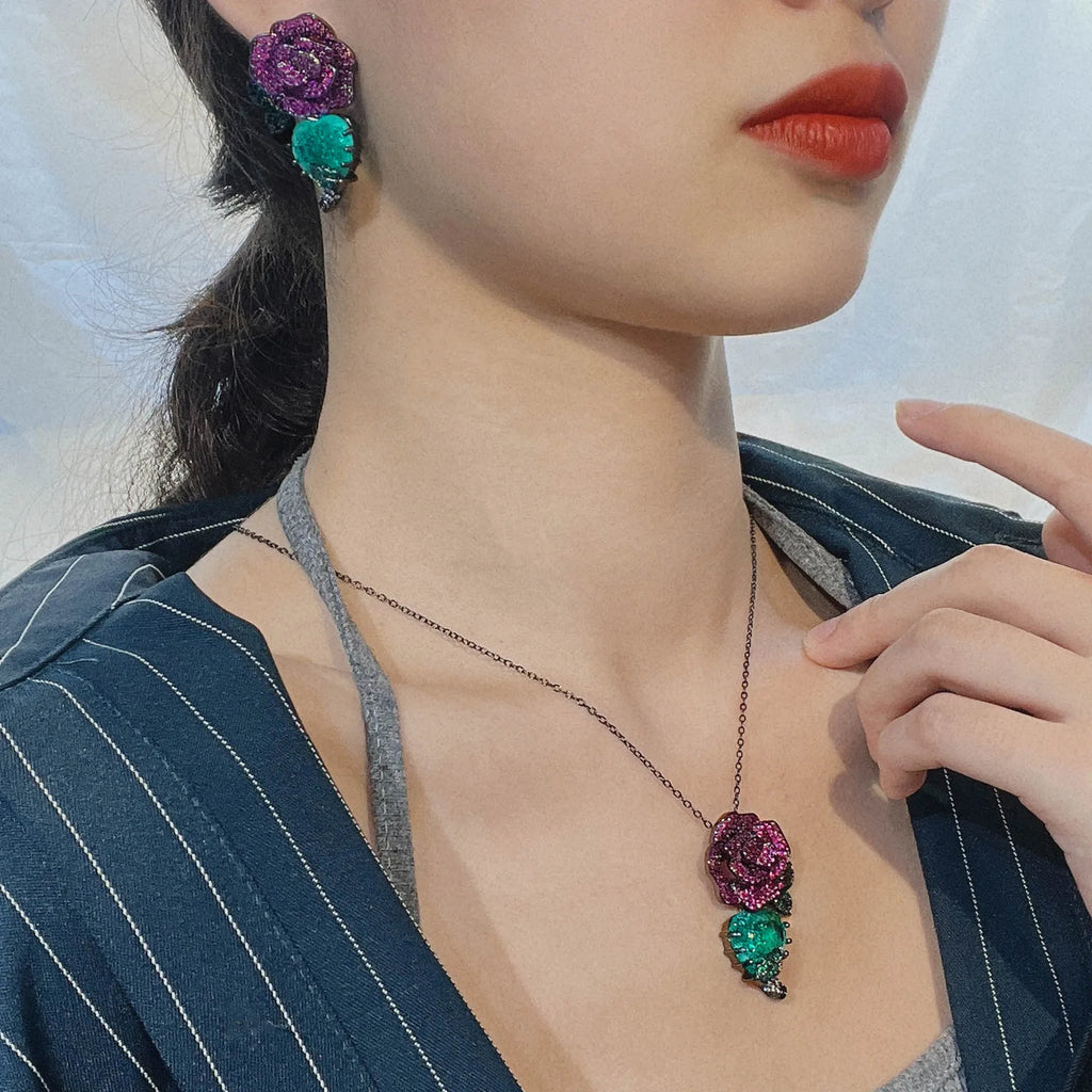 Vintage Gothic Paraiba Tourmaline Pendant Necklace & Earrings Set