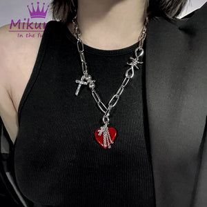 Gothic Heart Thorns Cross Chain Necklace