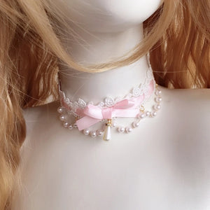 Gothic Lace Choker Necklace Retro Lolita Accessories Sweet Pearl Bowknot Choker
