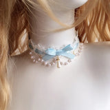 Gothic Lace Choker Necklace Retro Lolita Accessories Sweet Pearl Bowknot Choker
