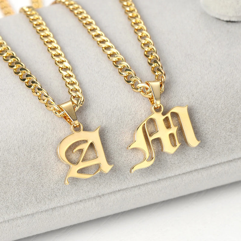 Gothic Old English Initial Capital Pendant Necklace 18K Stainless Steel