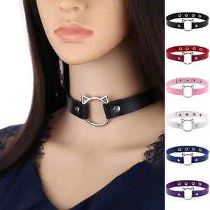 Gothic PU Leather Cat Spike Rivet Collar Choker Necklace for Women