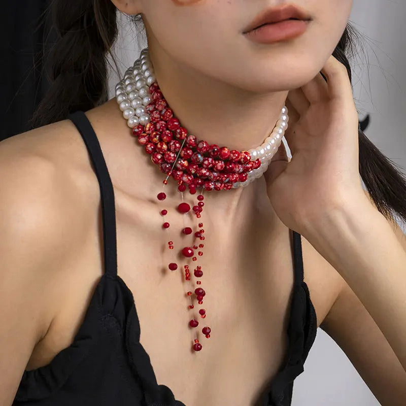 Gothic Pearl Blood Drop Necklace Short Choker Tassel Multilayer Neck Jewelry