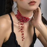 Gothic Pearl Blood Drop Necklace Short Choker Tassel Multilayer Neck Jewelry