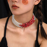 Gothic Pearl Blood Drop Necklace Short Choker Tassel Multilayer Neck Jewelry