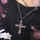 Gothic Pink Cross Necklace Y2K Purple Zircon Punk Pendant Necklace