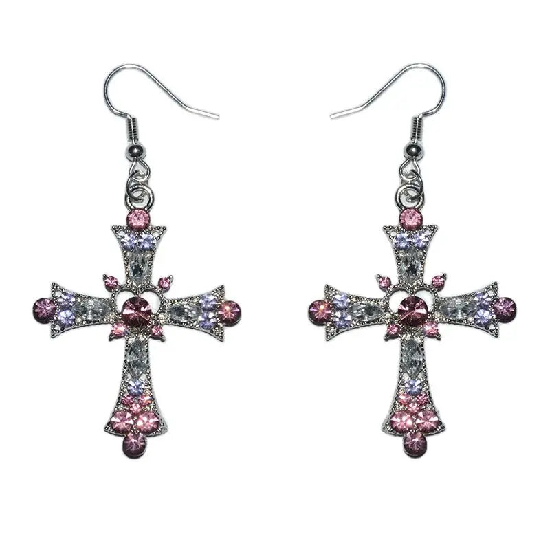 Gothic Pink Cross Necklace Y2K Purple Zircon Punk Pendant Necklace