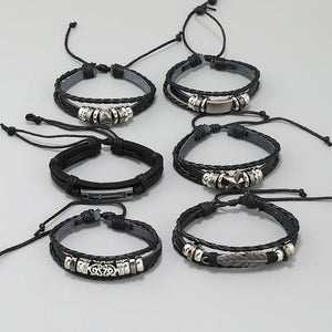 Gothic Punk Leather Bracelets Set Men Cross Skull Charms Wristband
