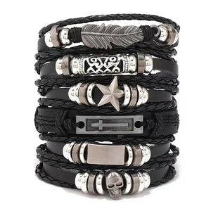 Gothic Punk Leather Bracelets Set Men Cross Skull Charms Wristband