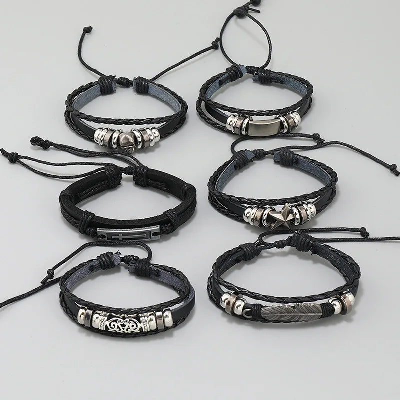 Gothic Punk Leather Bracelets Set Men Cross Skull Charms Wristband