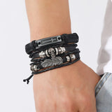 Gothic Punk Leather Bracelets Set Men Cross Skull Charms Wristband