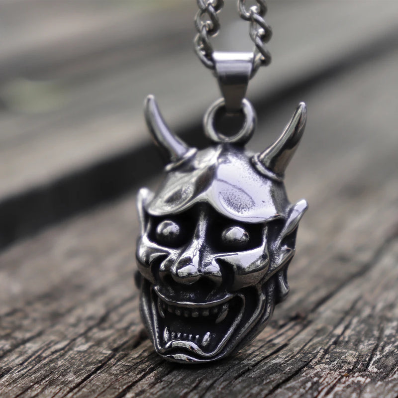 Gothic Punk Mens Hannya Ghost Mask Pendant Necklace 316L Stainless Steel