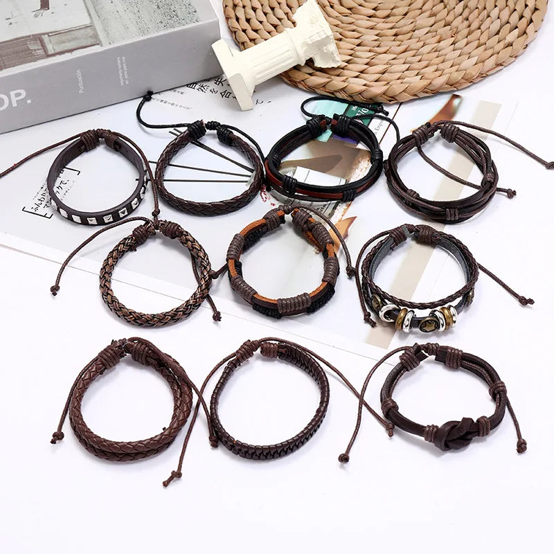 Gothic Punk Multilayer Leather Bracelet Set for Men