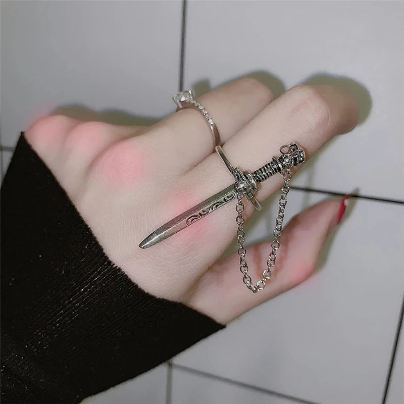 Gothic Punk Skull Sword Movable Plug-in Finger Ring