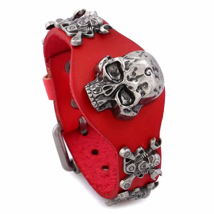 Gothic Punk Vintage Antique Skull Rivets Wide Leather Bracelet