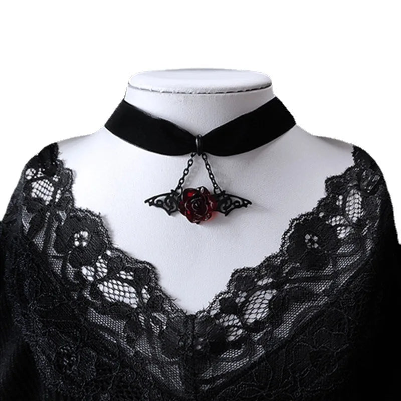 Gothic Red Rose Bat Wing Choker Pendant Necklace for Women