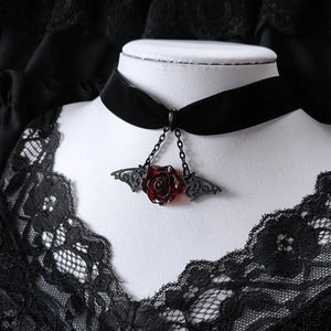 Gothic Red Rose Bat Wing Choker Pendant Necklace for Women