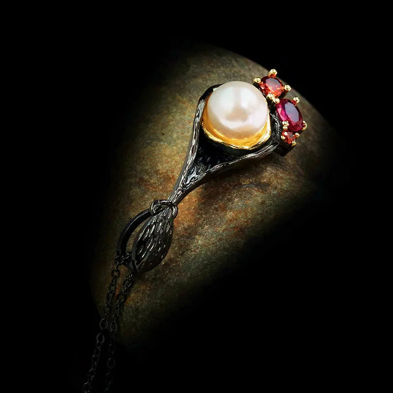 Gothic Retro Freshwater Pearl Pendant Necklace S925 Silver Short Chain Necklace