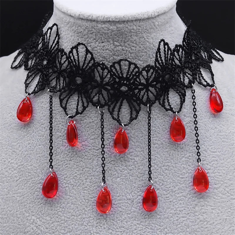 Gothic Lace Choker Red Beads Tassel Chain Necklace Women Steampunk