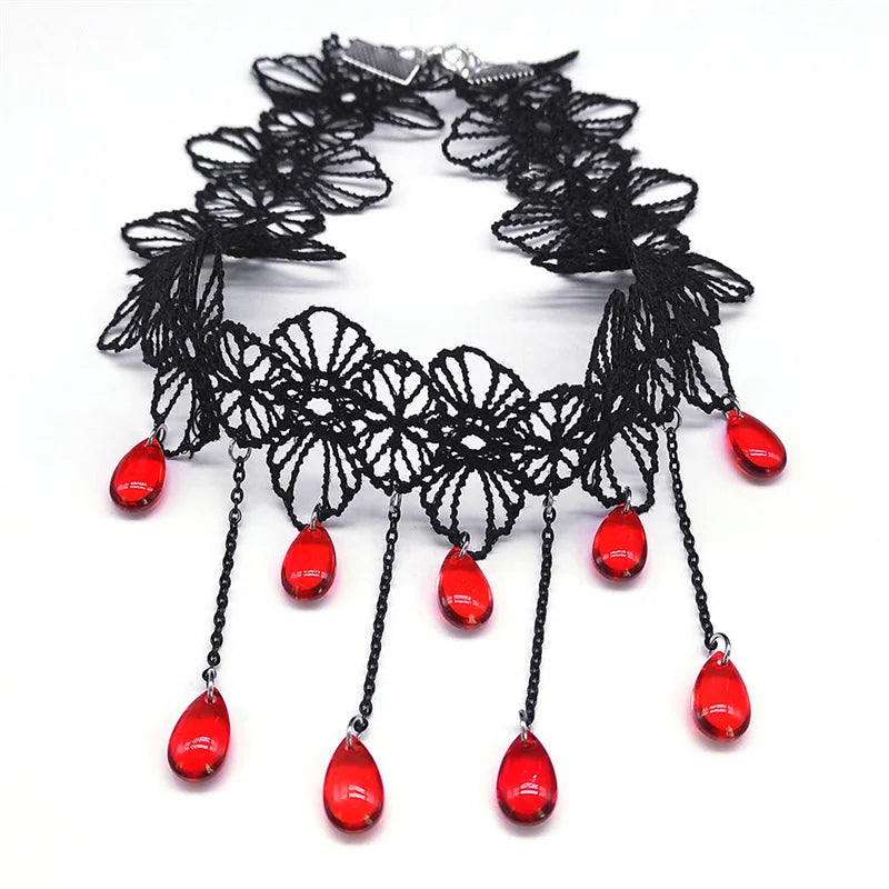 Gothic Lace Choker Red Beads Tassel Chain Necklace Women Steampunk
