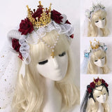 Gothic Sheep Horn Rose Flower Headband Lace Tiara Decor Headpiece