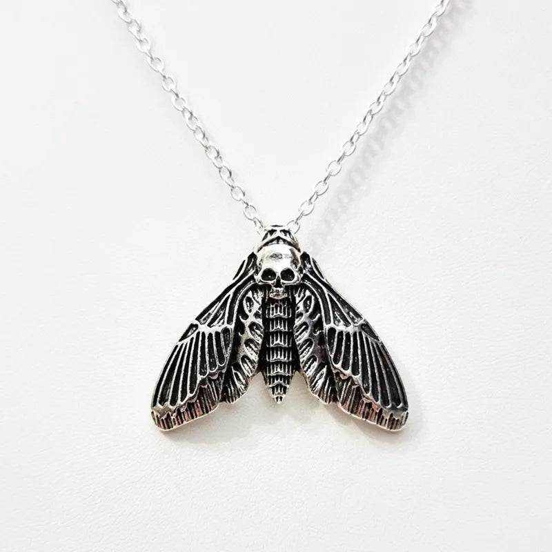Gothic Silver Death Moth Pendant Necklace Vintage Skull Goth Halloween Jewelry